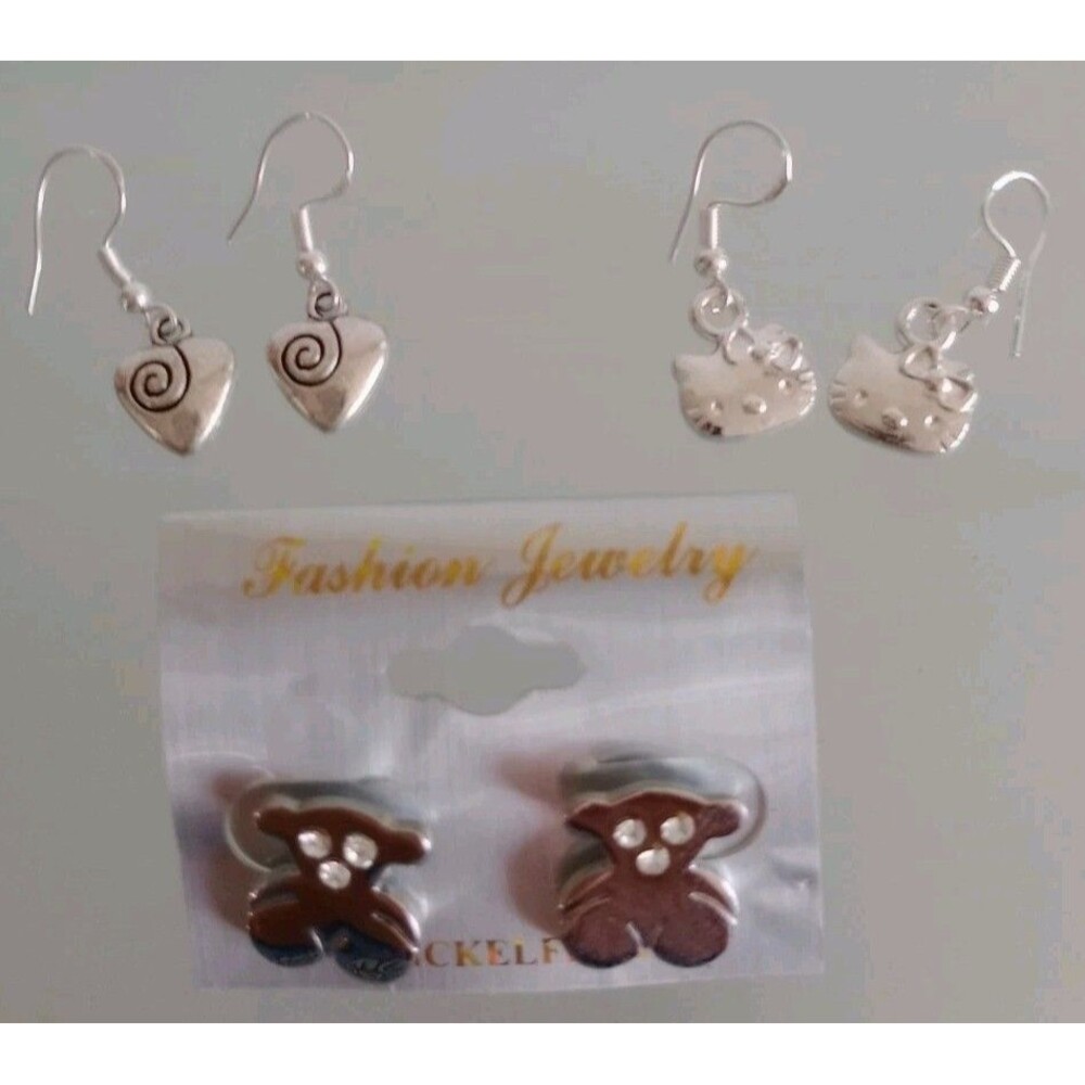 Girl's Lot of 3 Silver Earrings Dangle & Stud Bear Heart Kitty Cute NIP